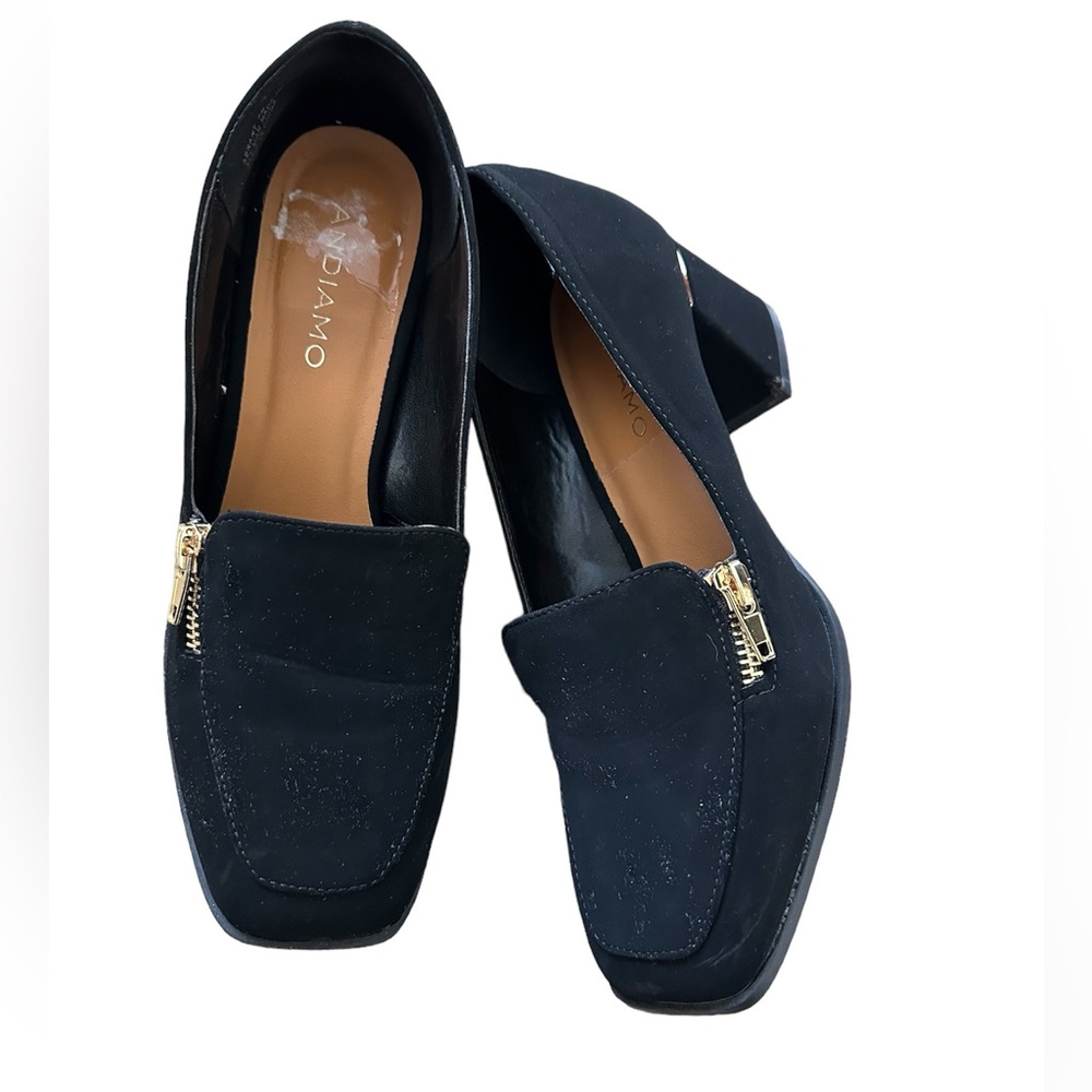 Zadig & Voltaire Navy Suede Block Heel Loafers with Gold Zipper